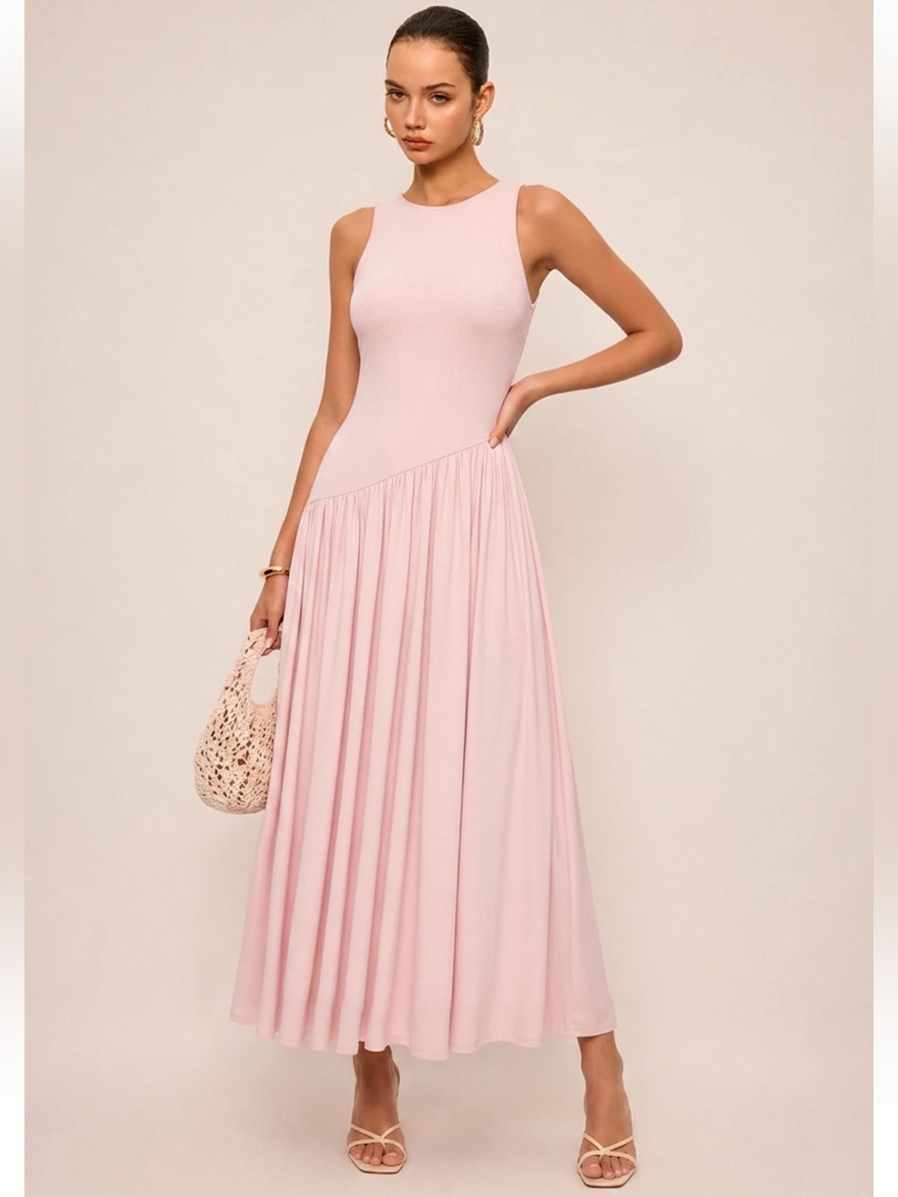 Commense Sleeveless Pink Asymmetric Pleated Maxi Dress Large